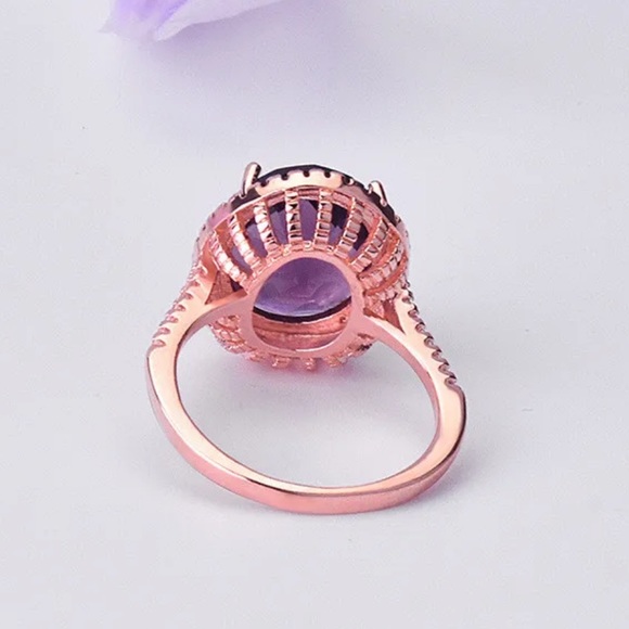 New Rose Gold Plated Big Oval Purple Amethyst Engagement Ring - Picture 5 of 6
